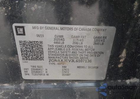 2020 Chevrolet Equinox Fwd 2Fl z USA, uszkodzony, nr VIN 2GNAXJEV3L6107136